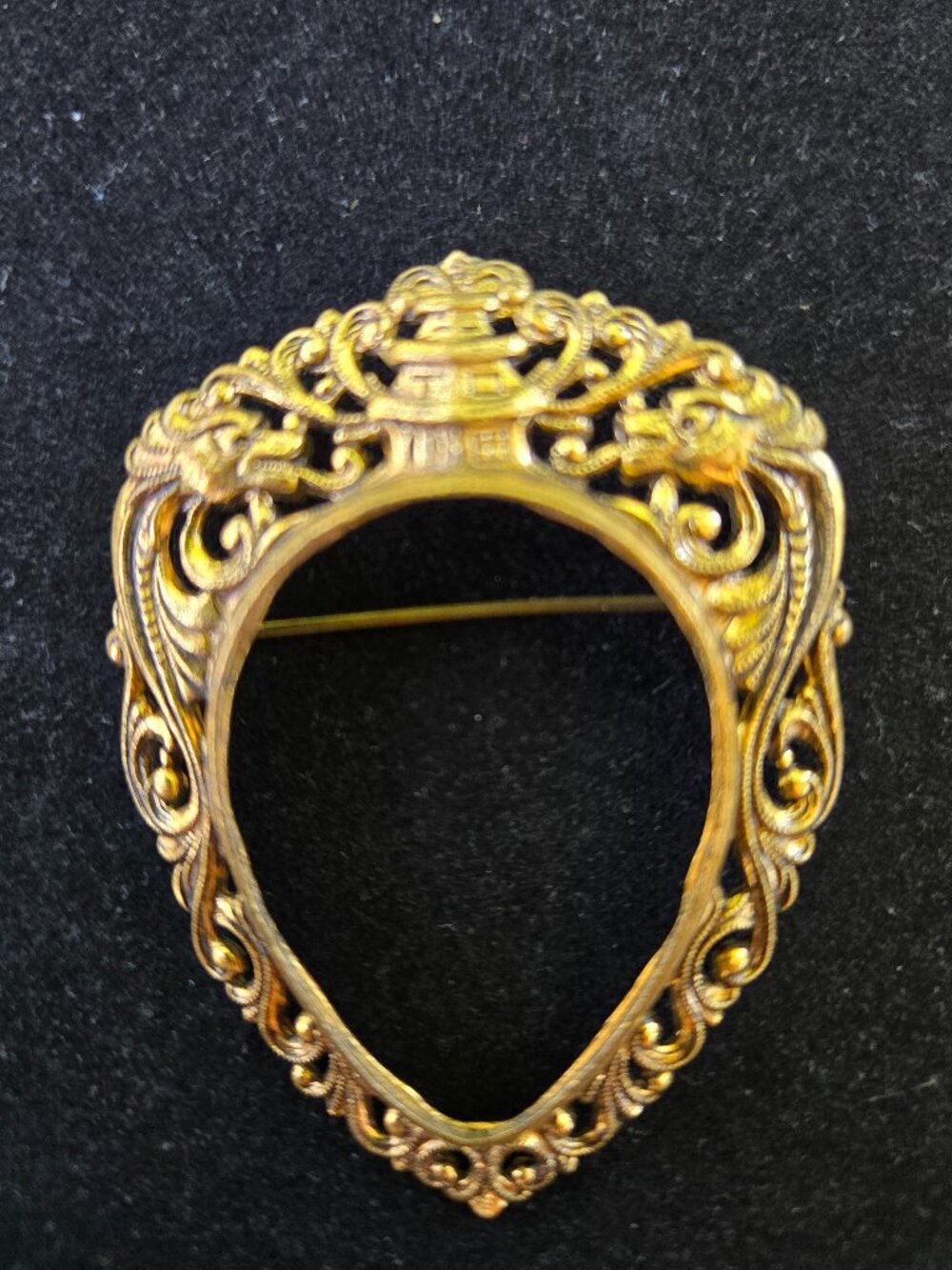 Antique Vintage Asian Twin Dragon Brass Pendant Brooch Pagoda Filigree